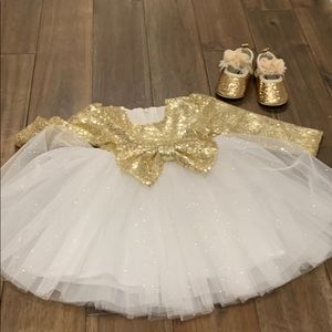 Beautiful gold and white baby dress with shoes
